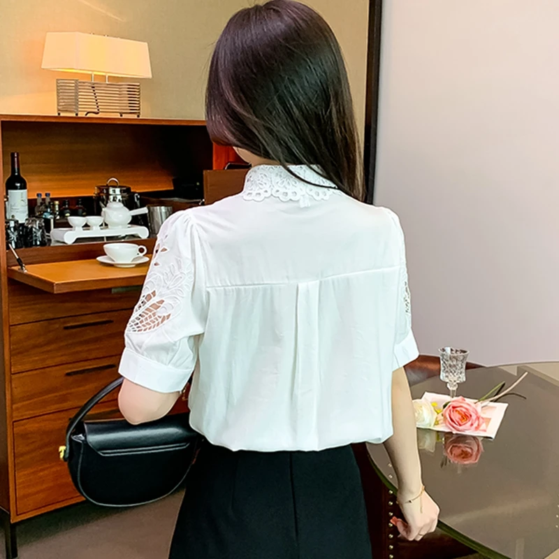 White Hollow Out Office Shirts for Women Short Sleeve Slim Korean Fashion Y2k Clothes Casual Elegant Ladies Tops and Blouses