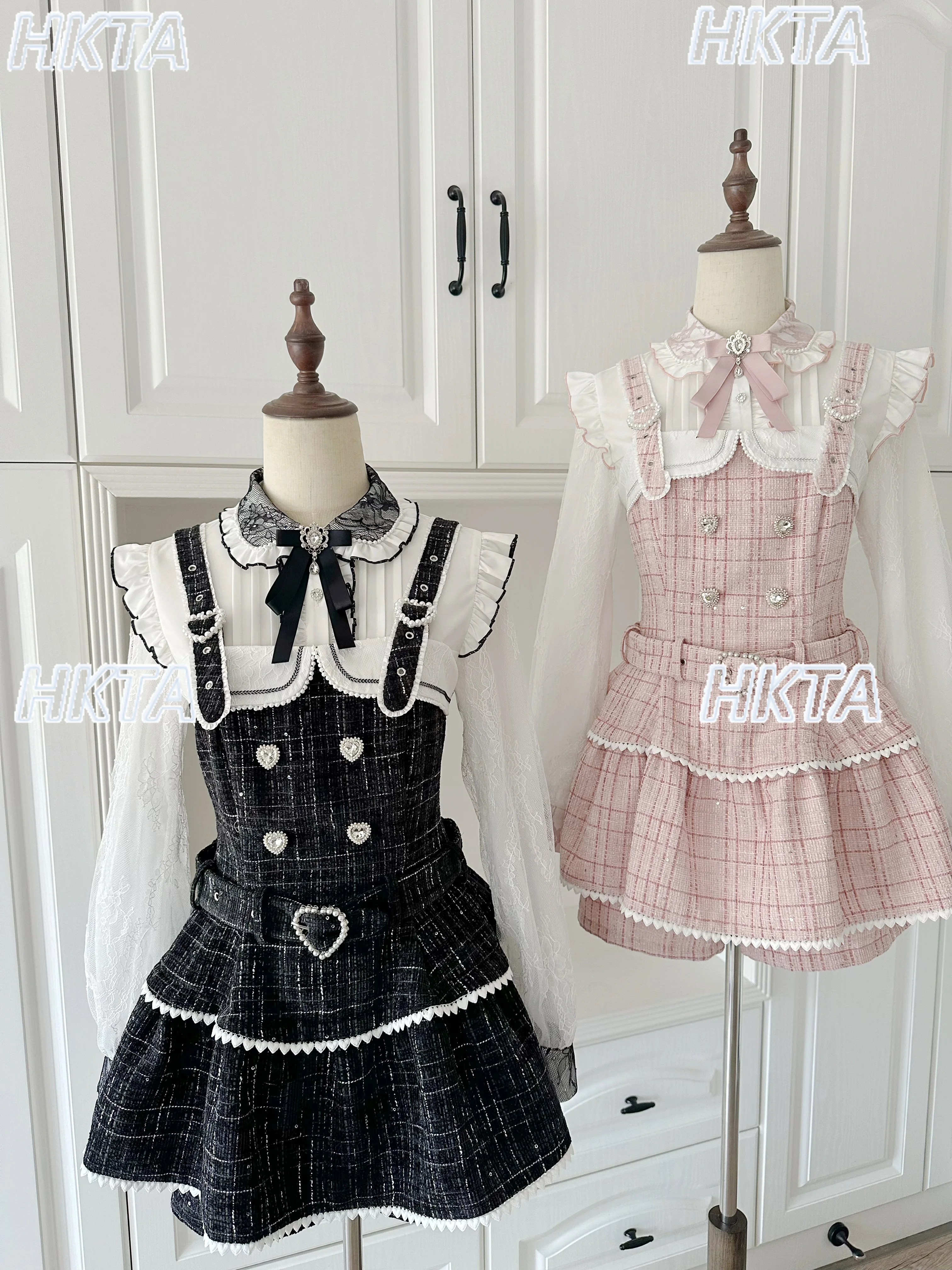 

Japanese Commuter Elegant Gorgeous Fashion Lolita Plaid Cascade Rhinestone Black Strap Dress Autumn New Dress Shorts Sets Women