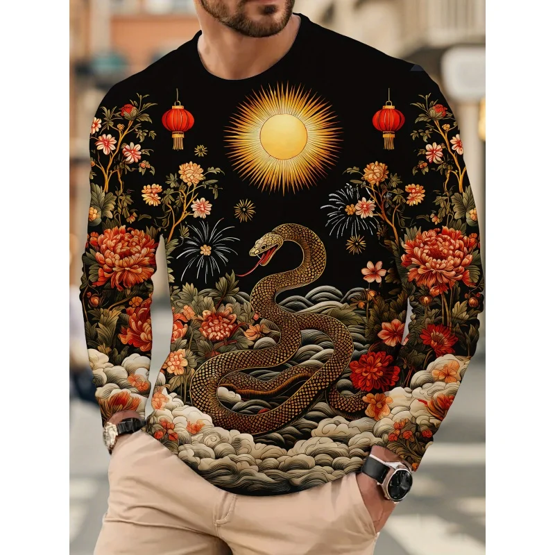 3D Printed Cool Dragon Snake T Shirt For Men Flower Sun Cloud Pattern Tees Autumn Casual Long Sleeves O-Neck Tops Loose T-Shirts