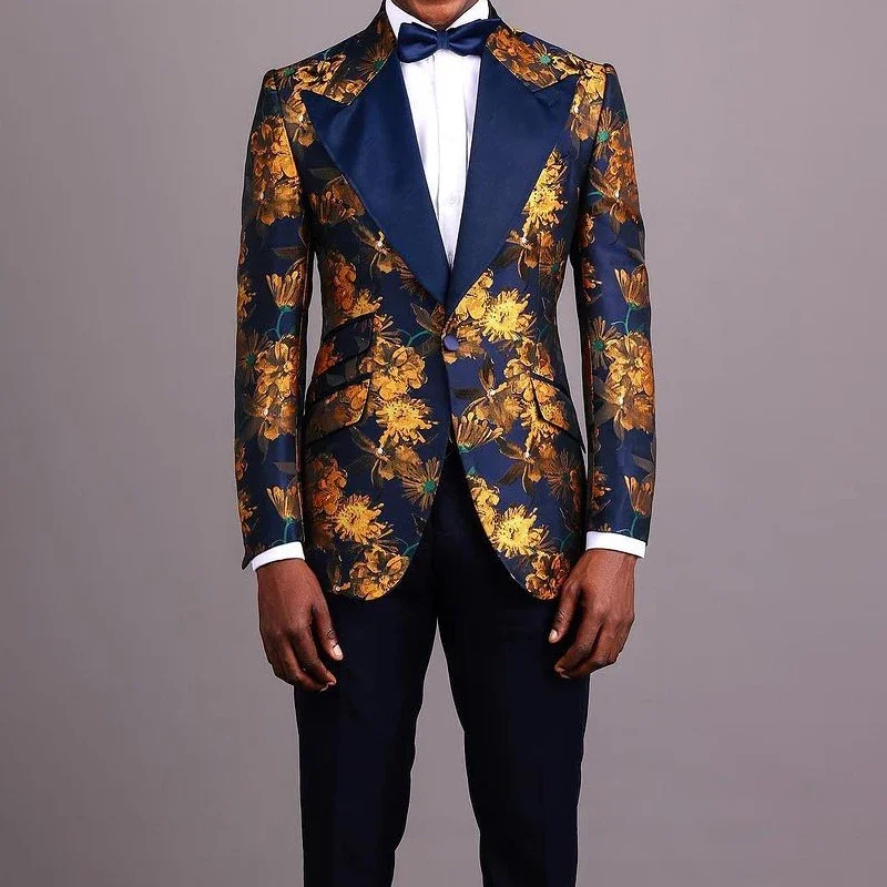 

Floral Groom Tuxedos for Wedding Prom Party 3 Pcs Jacquard Men Suit Slim Fit Male Fashion Costume Custom (Jacket + Vest + Pants)