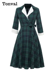 Tonval Notched Collar Green Plaid Vintage High Waist Dress Autumn Winter Women 3/4 Length Sleeve 1950S Rockabilly Midi Dresses