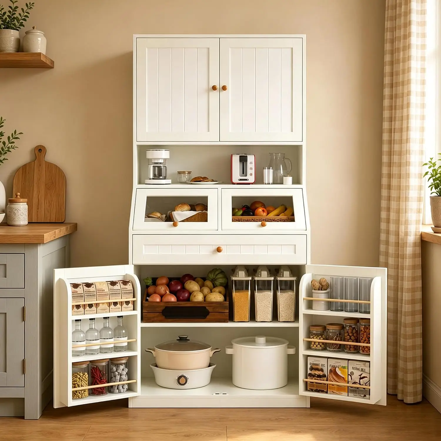 77'' Kitchen Pantry Cabinet with Lift-Up Display Storage, Customized