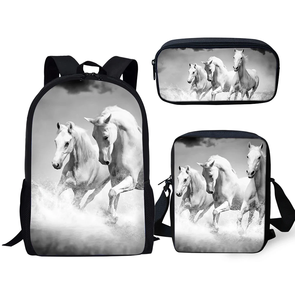 Harajuku Novelty Cool White Horse 3pcs/Set Backpack 3D Print School Student Bookbag Laptop Daypack Shoulder Bag Pencil Case