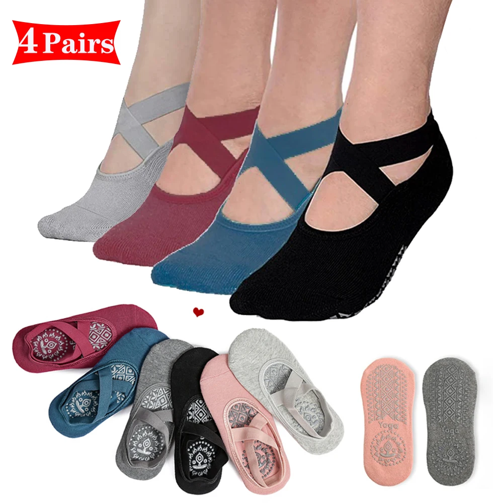 

4 Pairs Bandage Yoga Socks for Women Ballet Dance Cotton Pilates Socks Non-Slip Sport Sock Gym Workout Slipper Running Grip Sock