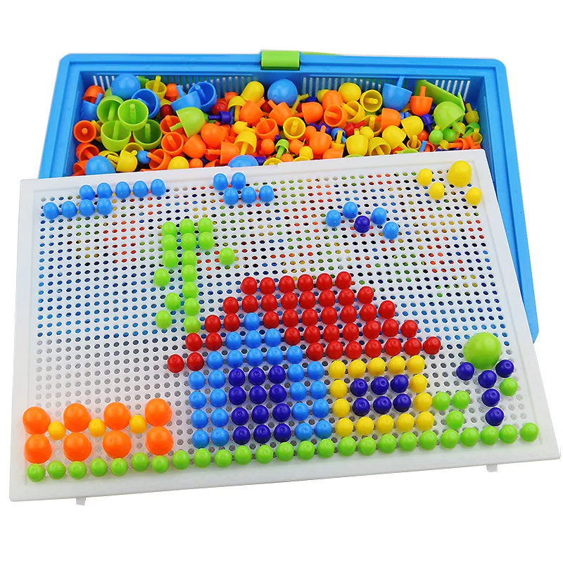 New 296PCS Cereal Mushroom Nail Beads Smart 3D Puzzle Set Children's Puzzle Board Toddler Educational Game Toy Boxed