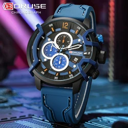 BORUSE Men Blue Silicone Watch Chronograph Quartz Wristwatch With Watches for Men Big Dial Luxury Waterproof Watch