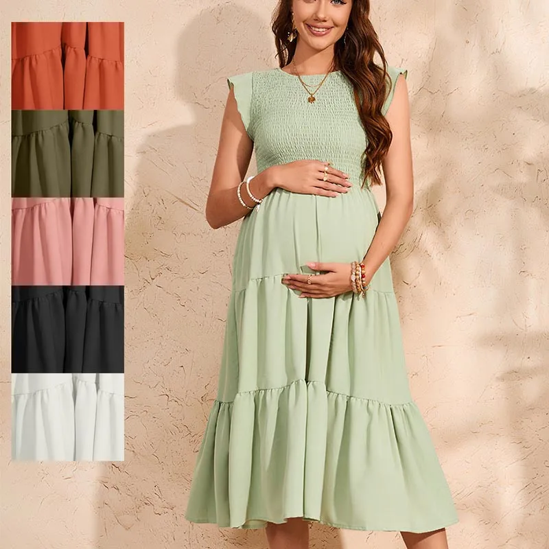 Summer Maternity Pleated Dress Sweet Flying Sleeve O-neck Pregnant Women's Chiffon Dress Plus Size Dresses Maternity Dress