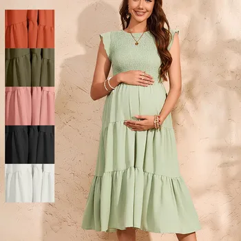 Yaz annelik pileli elbise tatlı uçan kollu o-boyun hamile kadın şifon elbise artı boyutu elbiseler hamile elbisesi