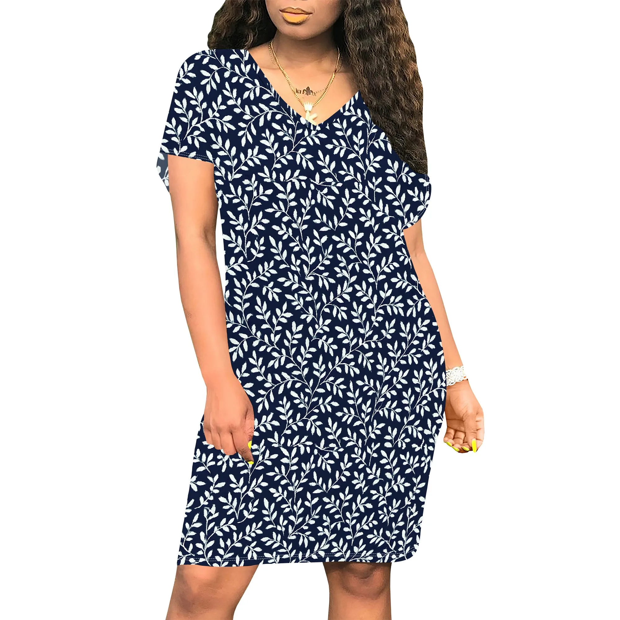 สตรี Sundress ฤดูร้อนดอกไม้แขนสั้น V คอ Midi Dress