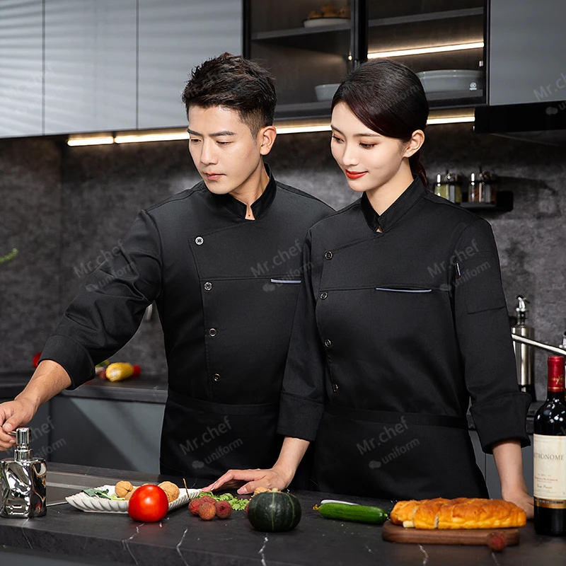 Veste de chef avec tablier pour hommes et femmes, uniforme de chef à manches longues, manteau de cuisinier de restaurant, t-shirt de chef, uniforme de travail, vêtements d'hôtel, logo