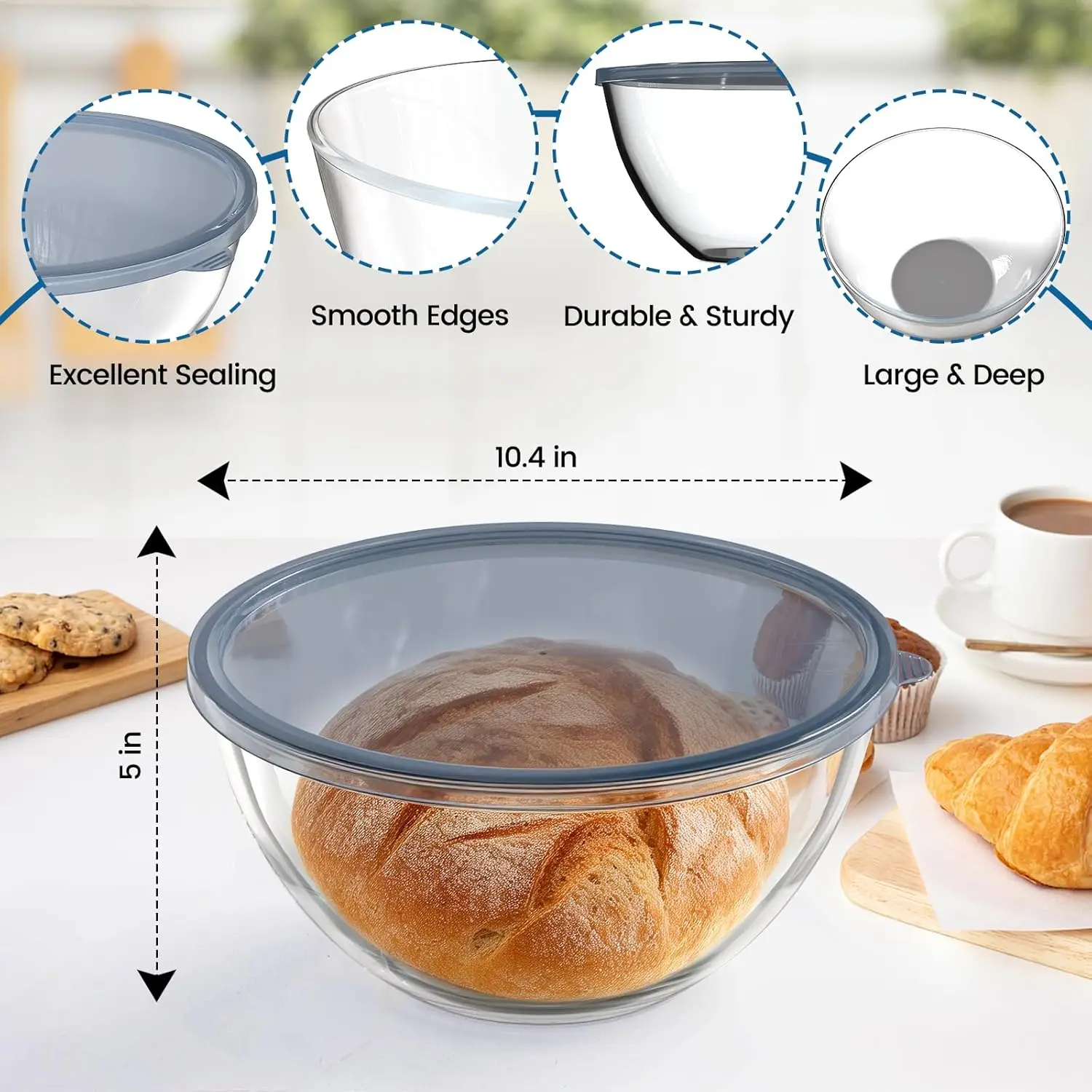 Large Glass Mixing Bowl 4.7 Quart with Lid for Sourdough Bread Making, Clear Glass Salad Bowl - view 4