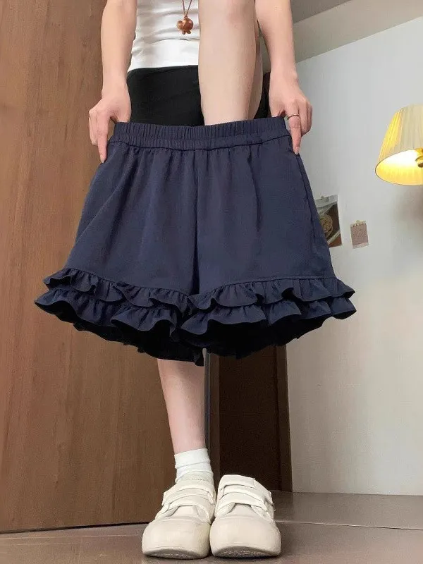 

Blue Floral Print Short Pants Women's Summer Outdoor Wear High Waist Flared Hem Casual Trousers Korean Style Wide Leg Pants