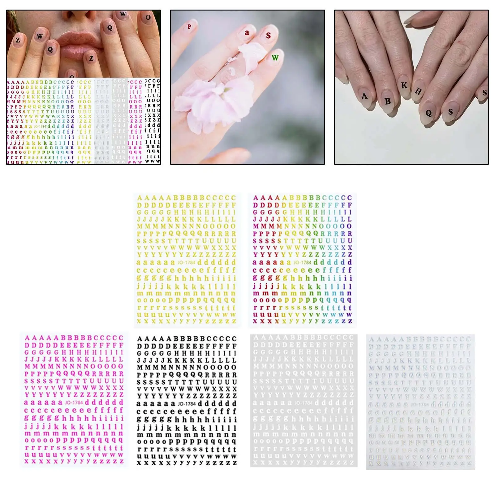 

6 Sheets 3D Letter Nail Stickers English Alphabet Nail Art Holographic