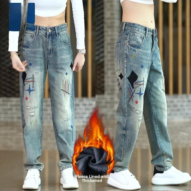 

Мужские джинсы Thiened Fce с вышивкой, прямые, повседневные, утепленные, всесезонные, универсальные, в стиле High Street, длинные брюки