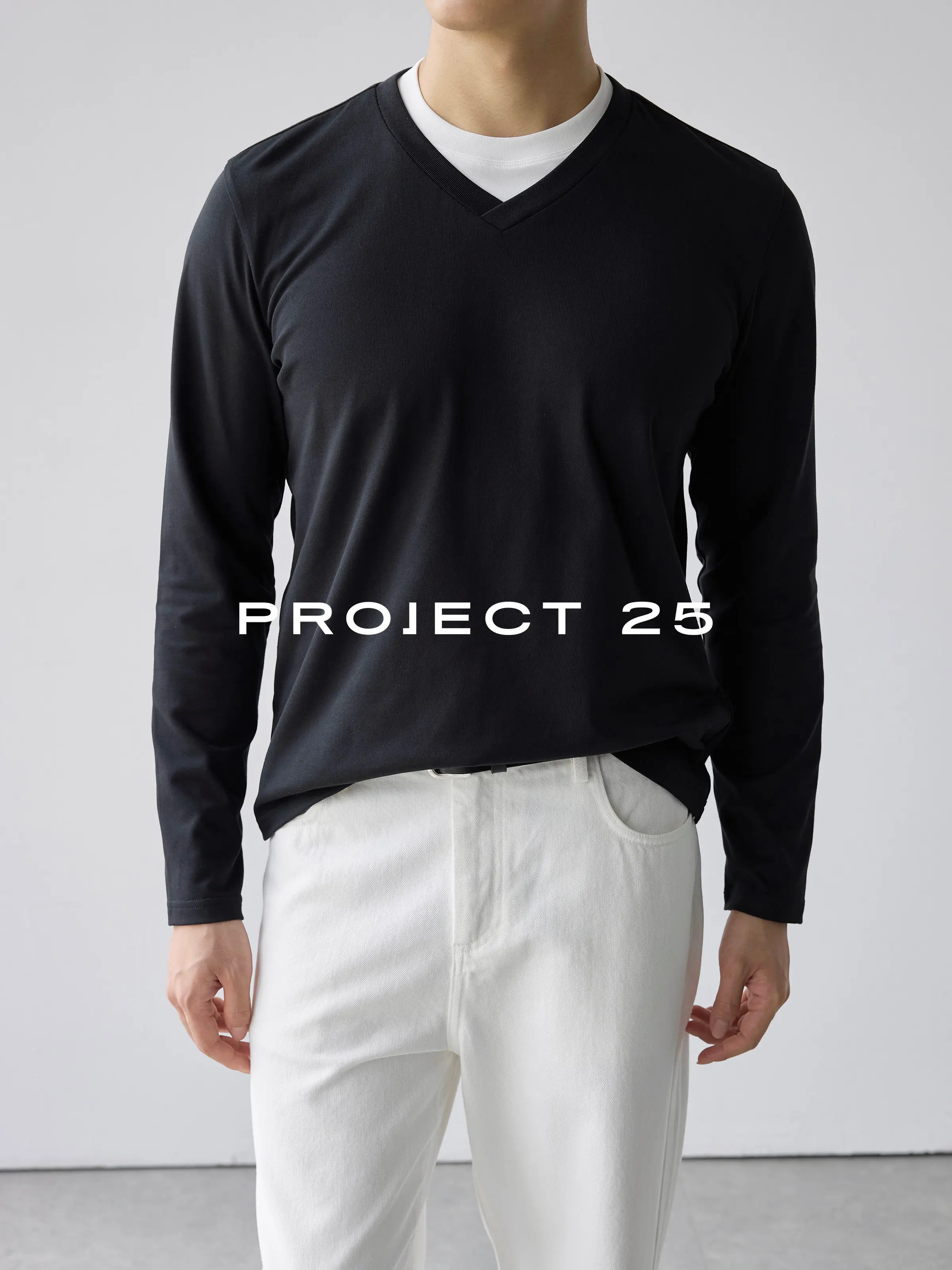 PROJECT 25 Men V Neck Color Block Fake Two Piece Long Sleeve T-shirt Slim Fit Commuter Versatile Layered Casual Basic Tee