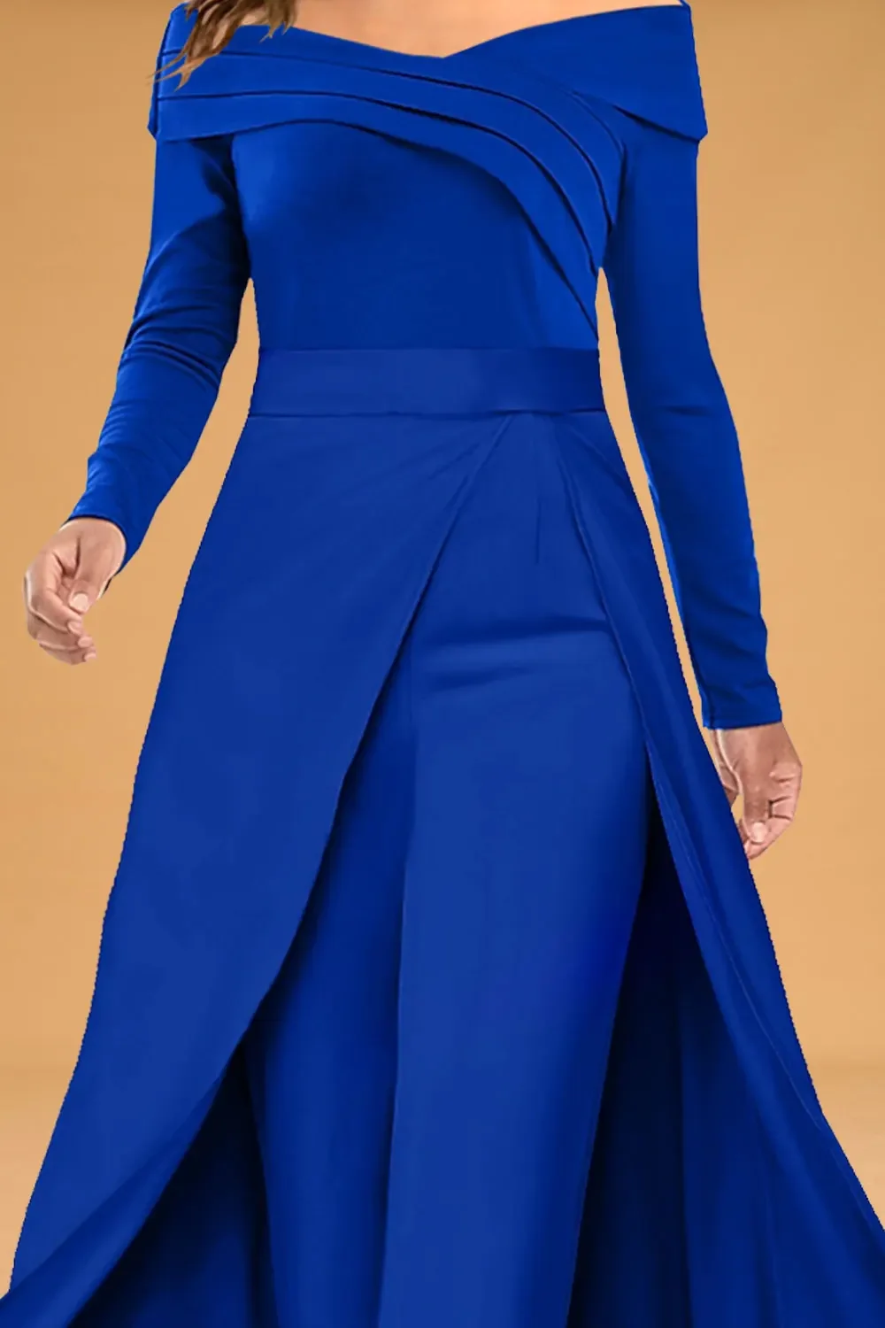 

Women Plus Size Mother Of The Bride Blue Chiffon Off The Shoulder Pleated Double Layer Split Jumpsuit Elegant One Piece Set