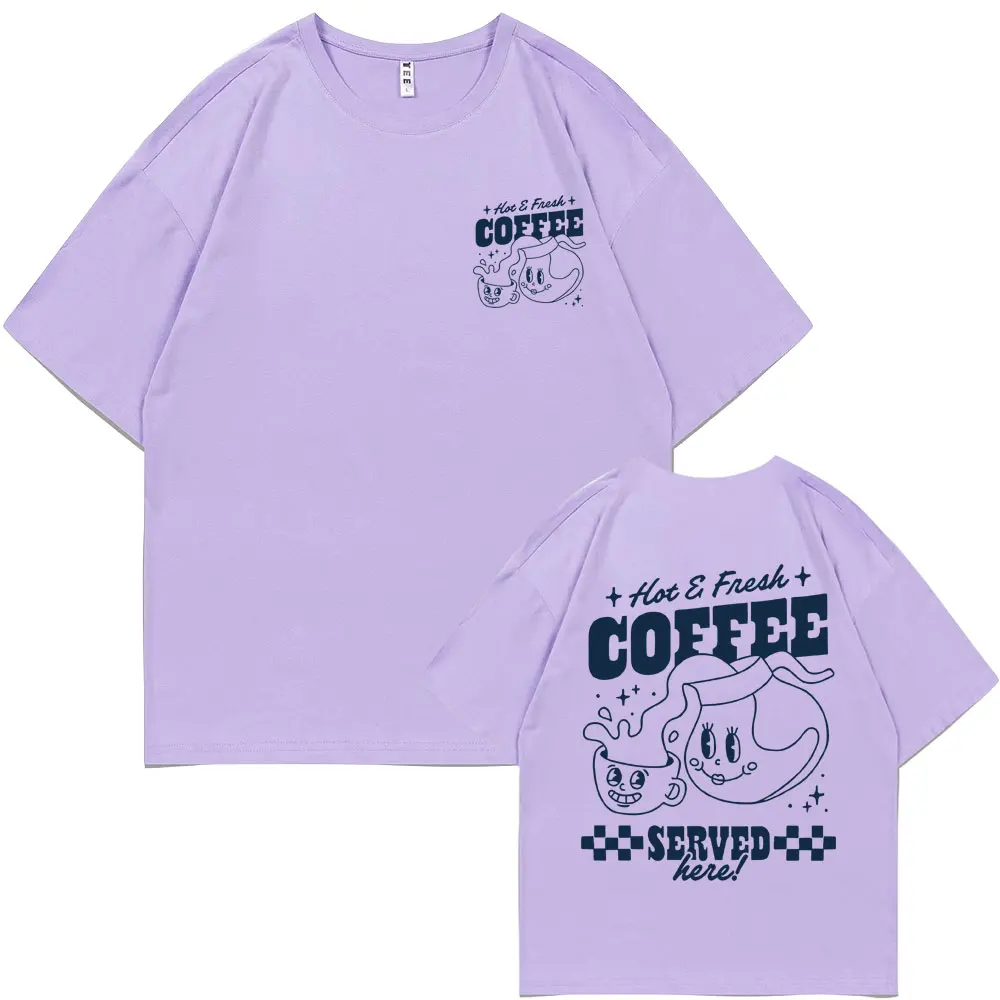 Funny Hot Fresh Coffee Graphic Print Tshirt Men Women Cute Vintage Cartoon Oversized T-shirts Men's Casual 100% Cotton Tee Shirt