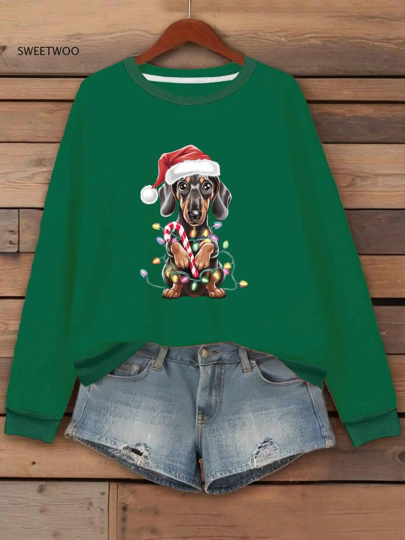

Women's Dachshund Christmas Light & Candy Cane Graphic Crew Neck Sweatshirt, Casual Polyester Knit Pullover, for Fall & Winter