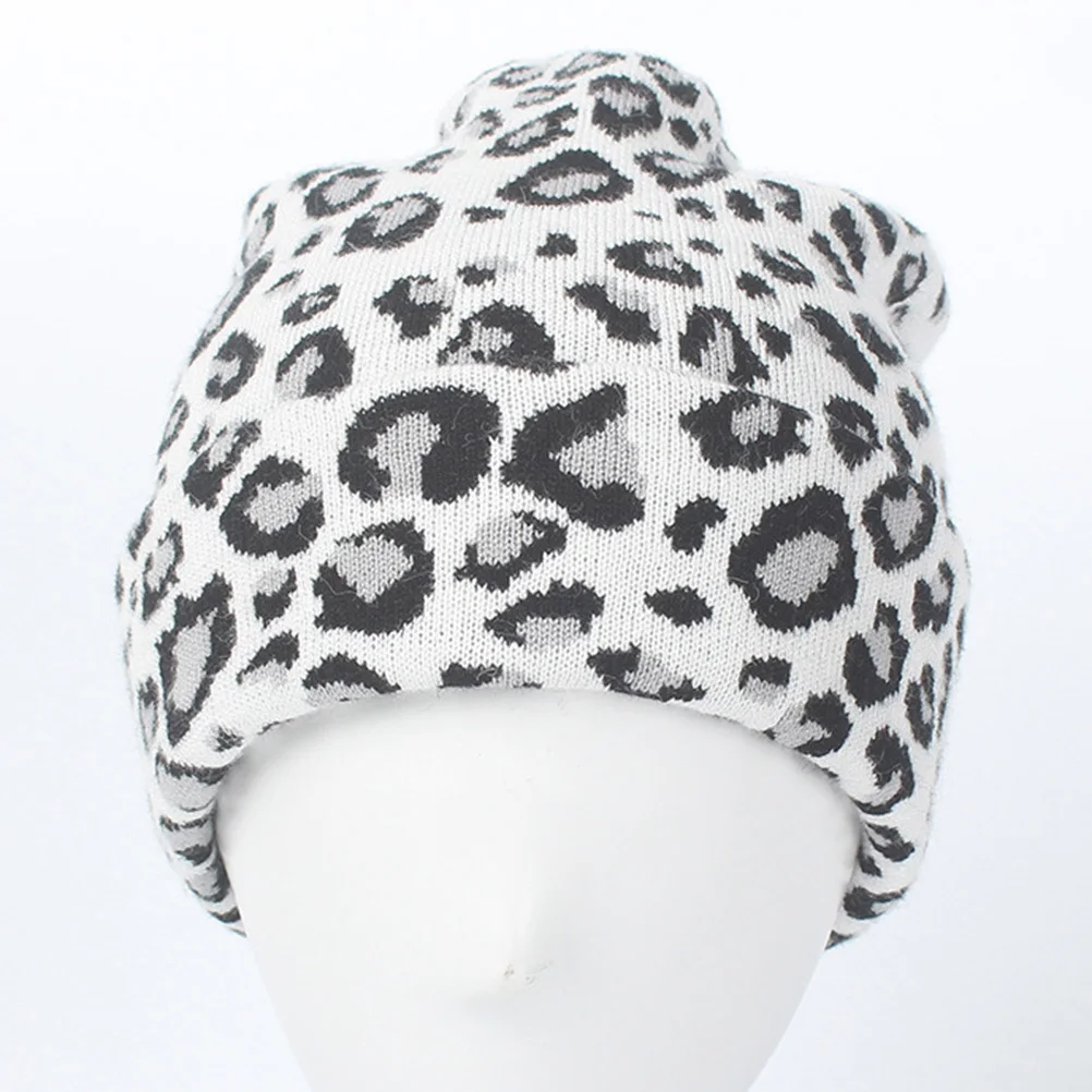 

White Leopard Warm Knitted Hat Woman Stretch Beanie for Autumn Winter Fashion Accessory Woman Knitted Hat Beanie for Winter