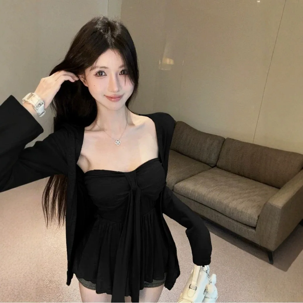 Sexy Pure Desire Spicy Girl One Shoulder Bridesmaid Top with Chest Binding Folded Sleeveless Vest Long Sleeve Women's Set
