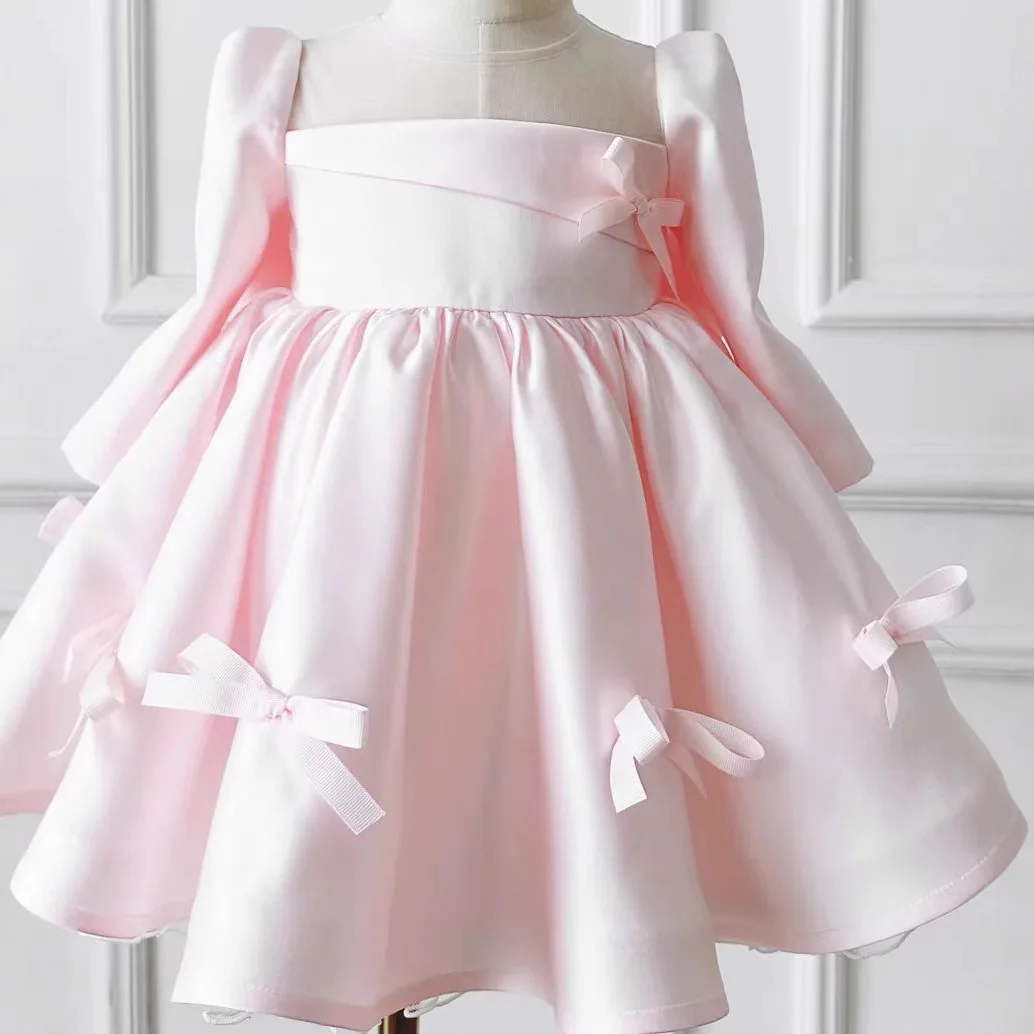 

New Girl Birthday Party Sweet Dress High End Pink Children Princess Puff Dresses Holiday Long Sleeves Costumes For Summer