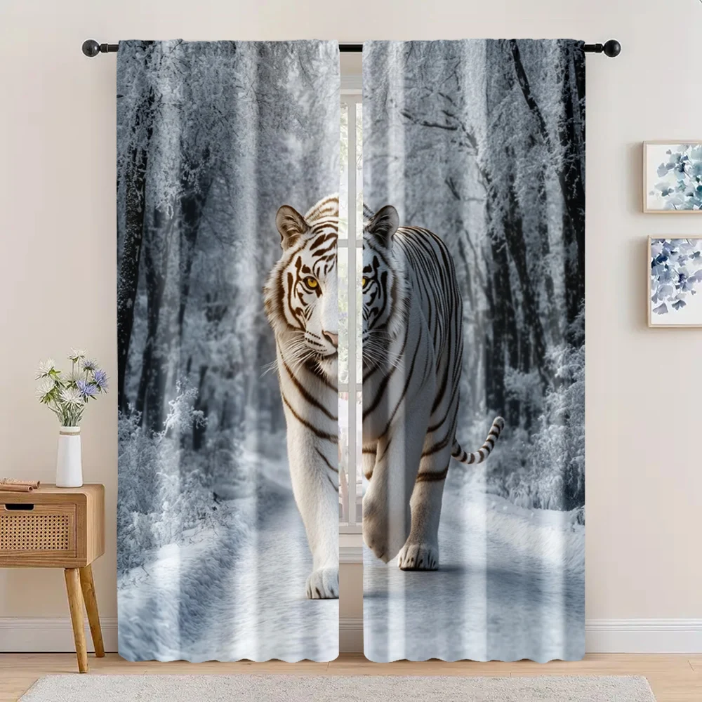 

2pc, Party Curtain White Tiger Machine Washable Fabric,Without Electricity Festive Holiday for Hotel decoration