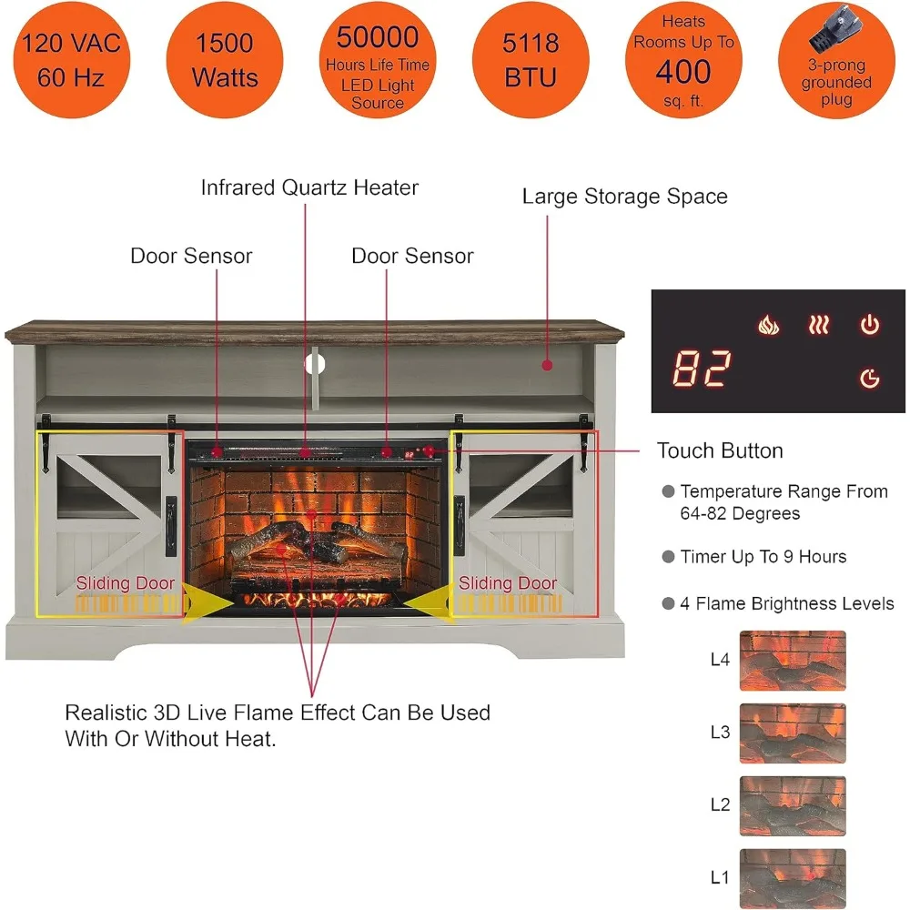 Fireplace TV cabinet, 75 inch TV fireplace TV stand, entertainment center with electric fireplace remote control, storage rack