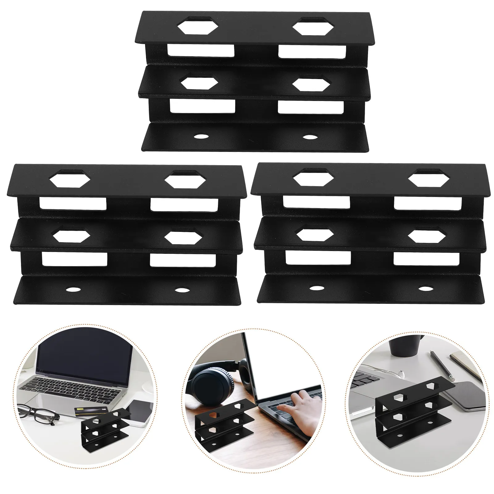 1Set Under Desk Dual Layer Laptop Stand Iron Rubber Construction Sleek Black Desktop Organizer for Laptops Keyboards Cable Boxes