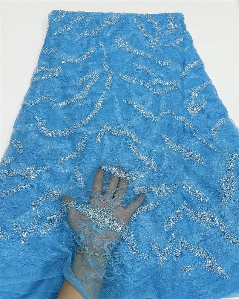 High Quality French Handmade Beads Lace Fabric Nigerian Embroidery Sequins Nigerian Mesh Lace Fabric For Wedding Dress DX
