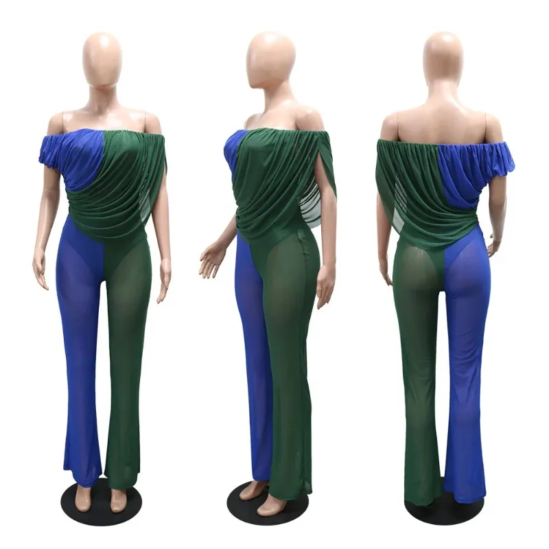 Solid Patchwork Bandage Ruched Jumpsuit Woman Elegant Sleeveless Strecth Sheath Evening Romper Women Jumpsuits Combinaison Femme