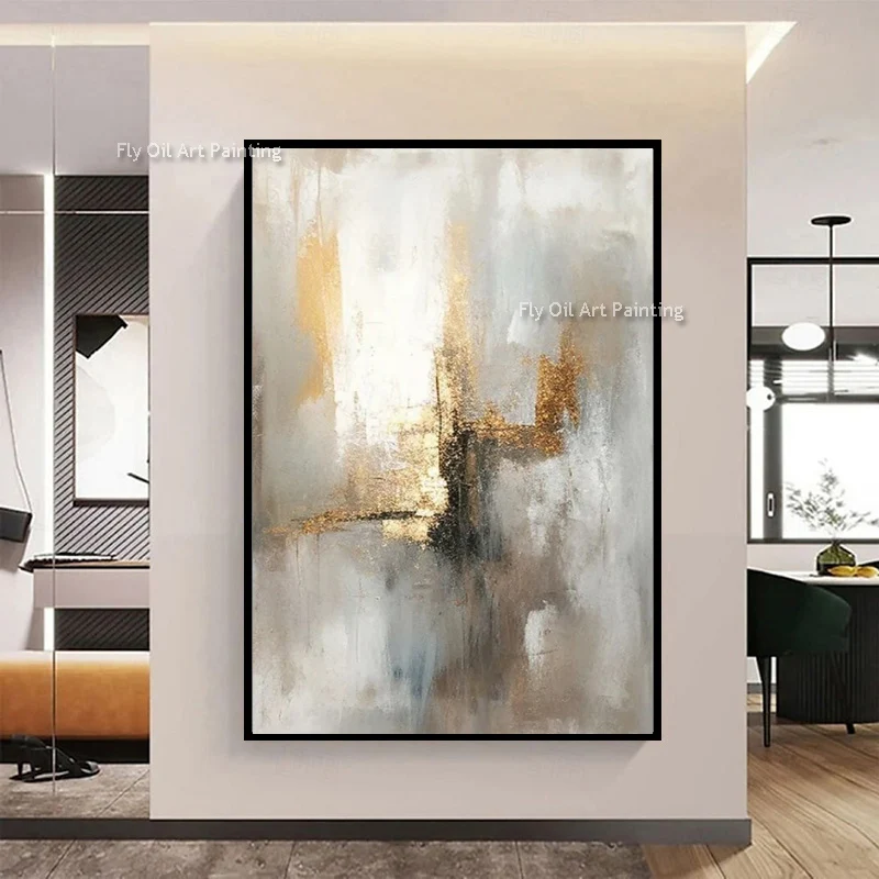 Original Abstract Grey Beige Simple Wall Art Decor Handpainted New Popular Design Golden Yellow White Oil Painting For Home Deco