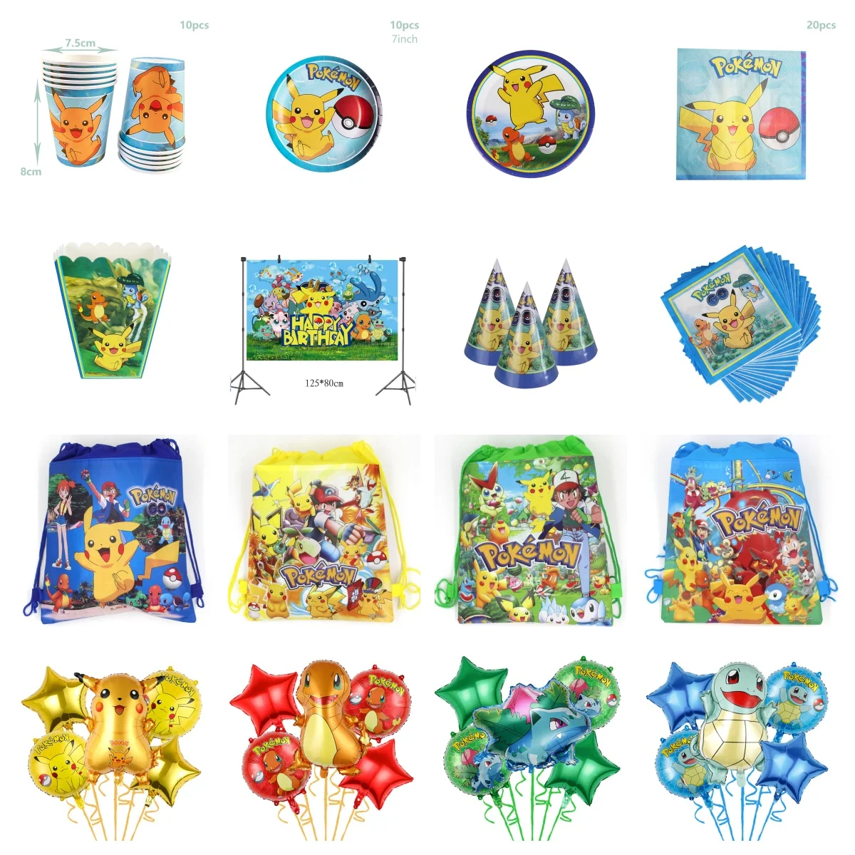 

Cartoon Pikachu Birthday Party Supplies Party Tableware Party Balloon Set Background Banner Hat Bag Tablecloth Napkins