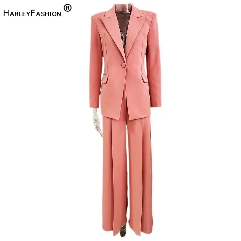 Lady 2025 Spirng Office Casual Suit Notched Long Sleeve Single Button Blazer Straight Pants Women Embroidery Solid 2pcs