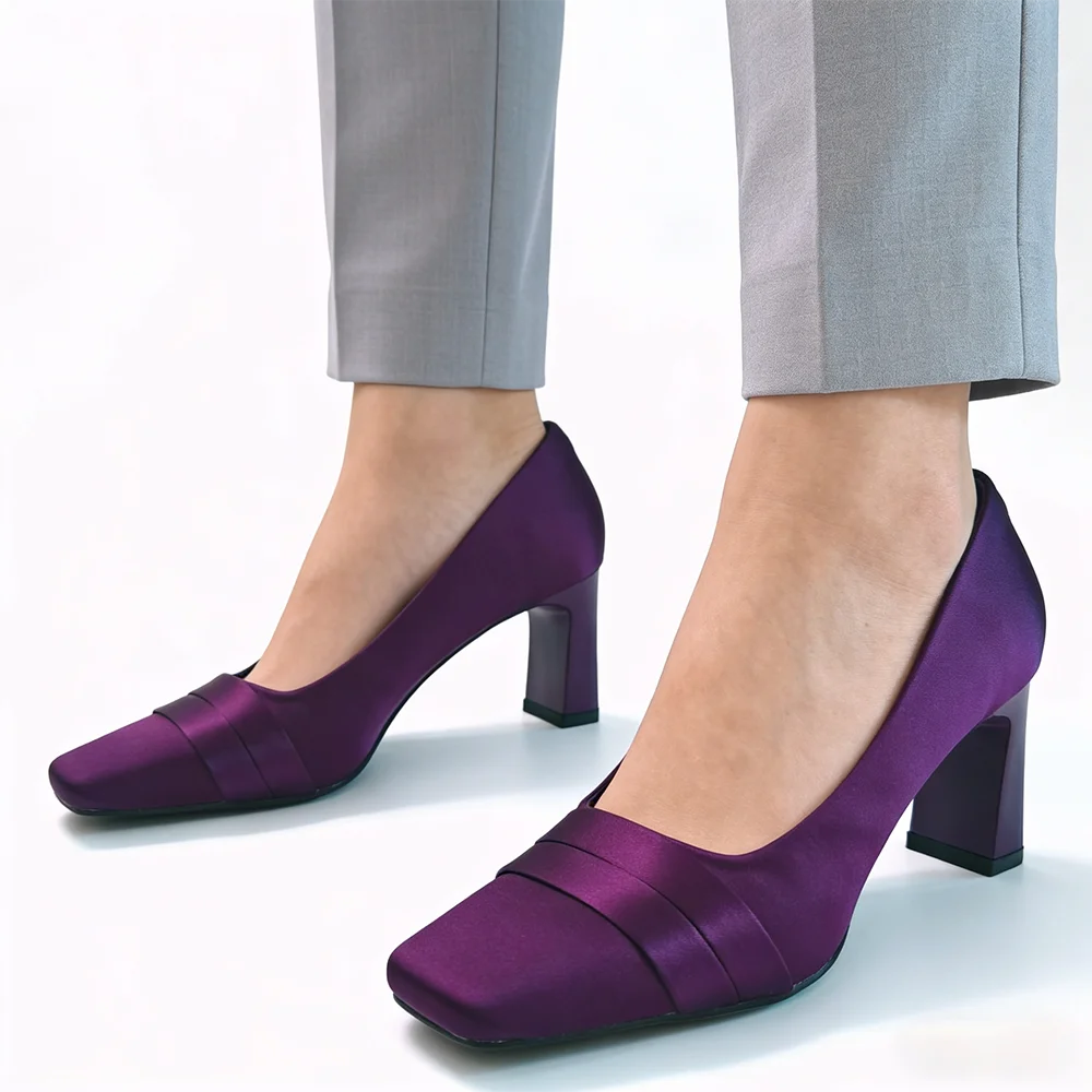 

Women's Satin Heel Pumps Elegant Dress Shoes Wedding Party Purple Office Lady Shoes Square Heels 7cm DX920