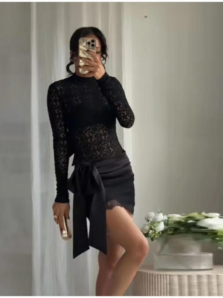 Fashion Black Lace Set Satin Bow Mini skirt Sexy Hollow Out O Neck Long Sleeve See Through Outfit NEW Vacation Party Clothing view 3
