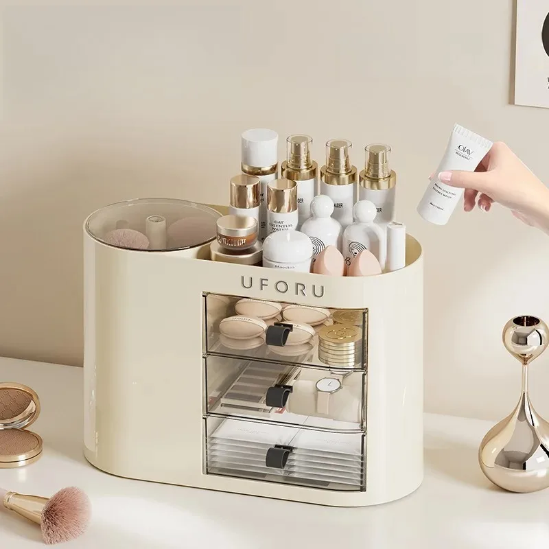 

360 ° Вращающийся органайзер для макияжа — регулируемый подъемный ящик для хранения кистей, косметики и туалетного столика, настольная многофункциональная организация