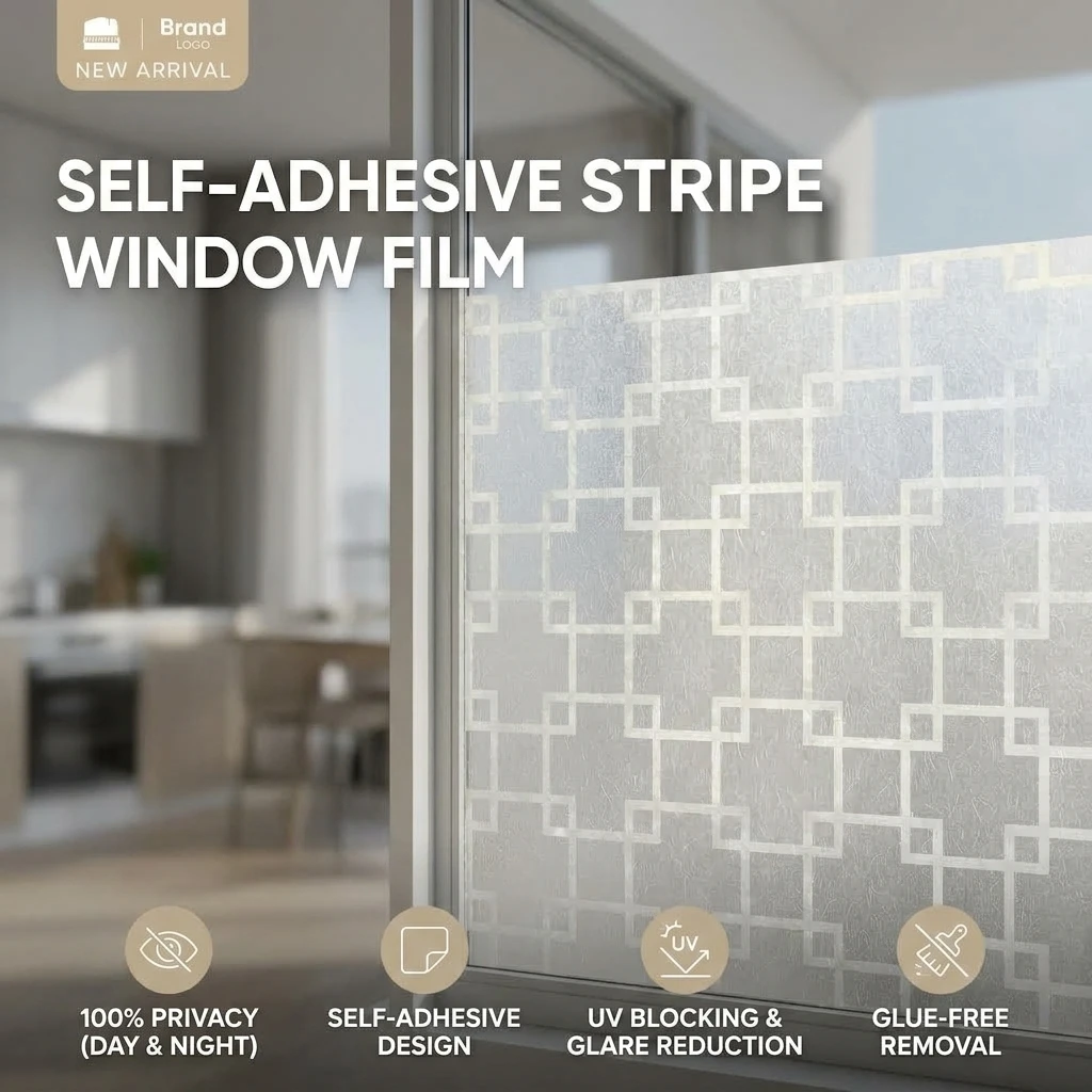 Geometric Lattice Self-Adhesive Window Film Frosted Matte UV Blocking Waterproof Privacy Glass Decal for Bathroom Anti Peeping
