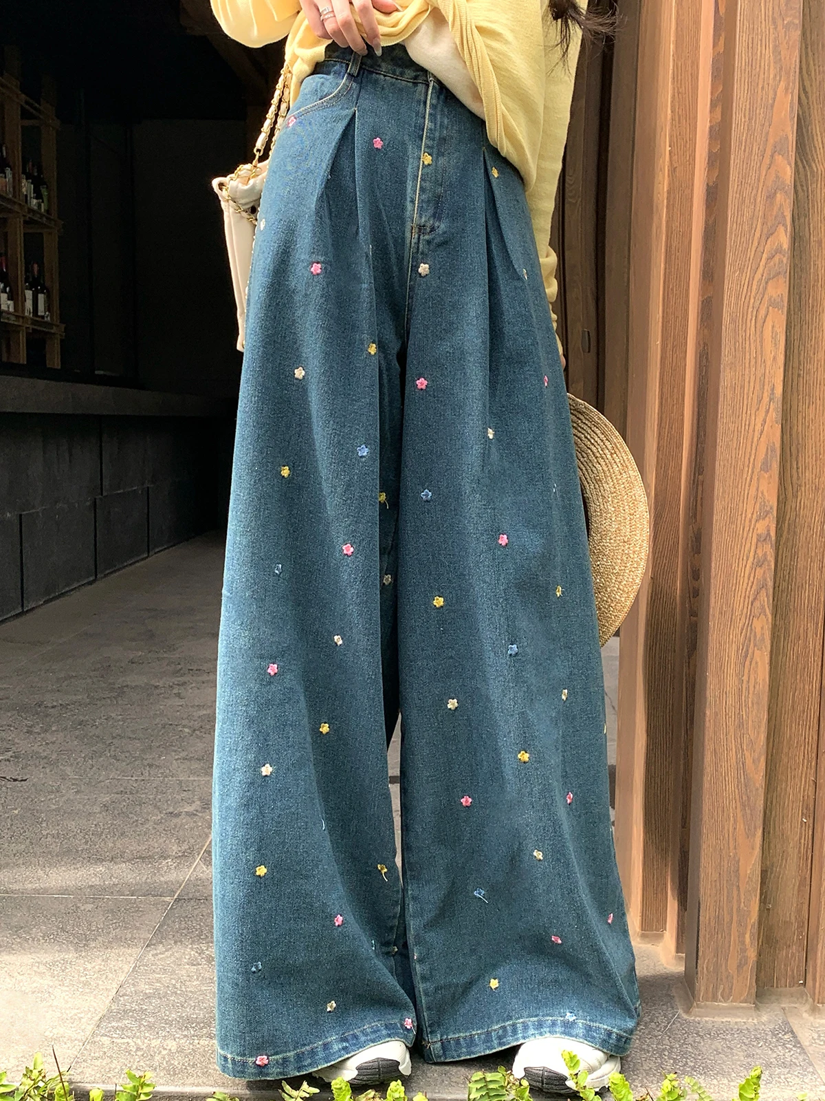 

Синие джинсы с цветочной вышивкой, прямые, женские, осенние, модные, новые, широкие, стройнящие, повседневные, длинные брюки Yang Bubble