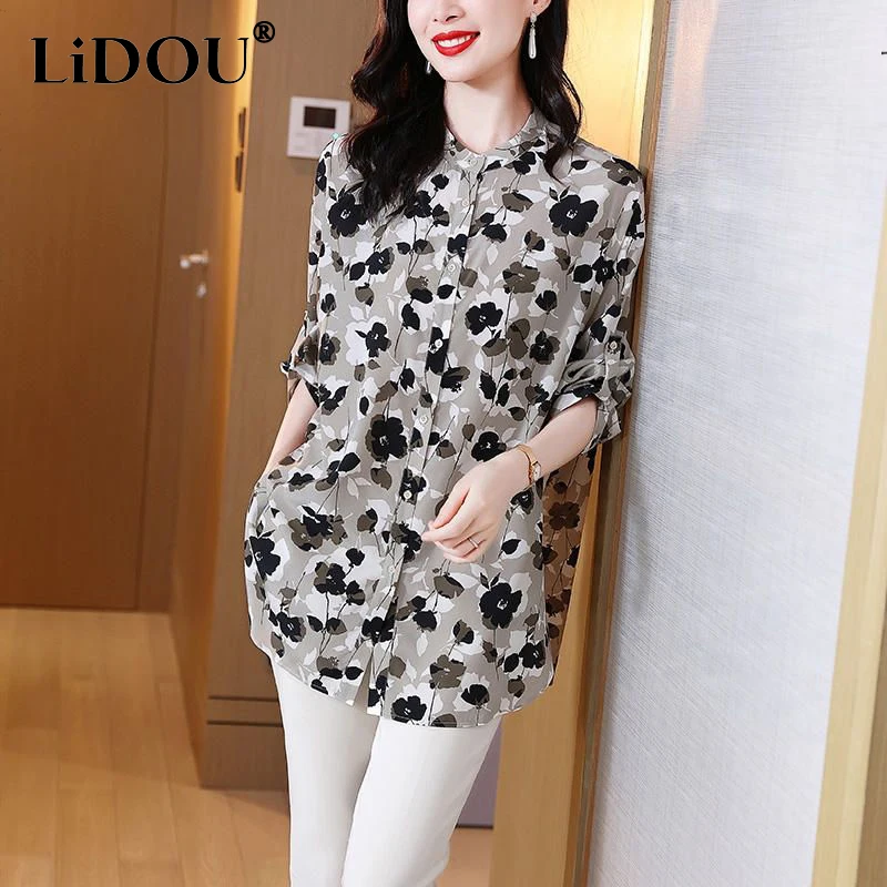 Summer New Loose Causal Printing 3/4 Sleeve Blouse Female Elegant Fashion All-match Cardigan Top Women Temperament Buttons Shirt