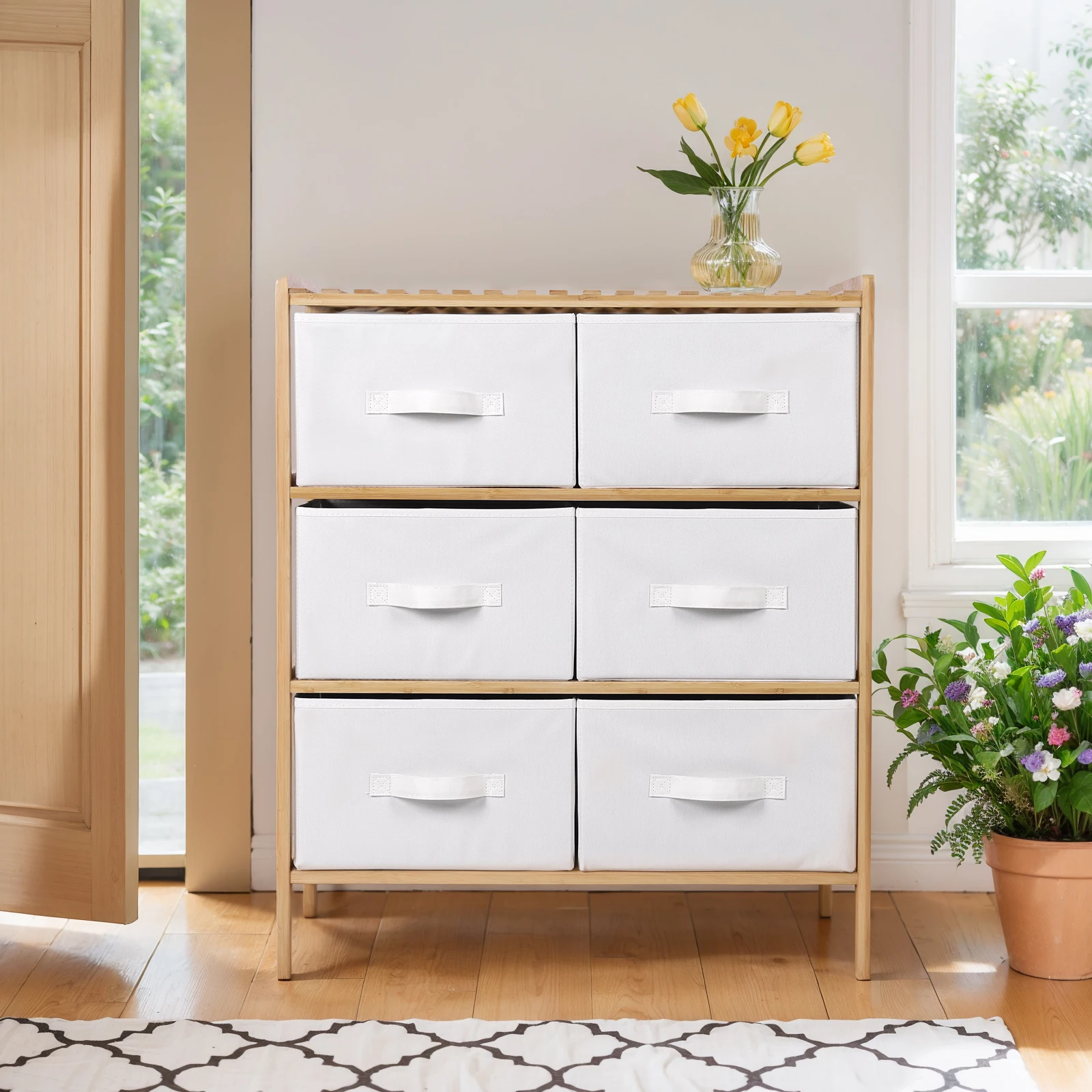 

Clothes Storage Box Pull Out Wooden Shelf Furniture with 6 Baskets Sundries Organizer Shelf Multifunctional for Home Storage