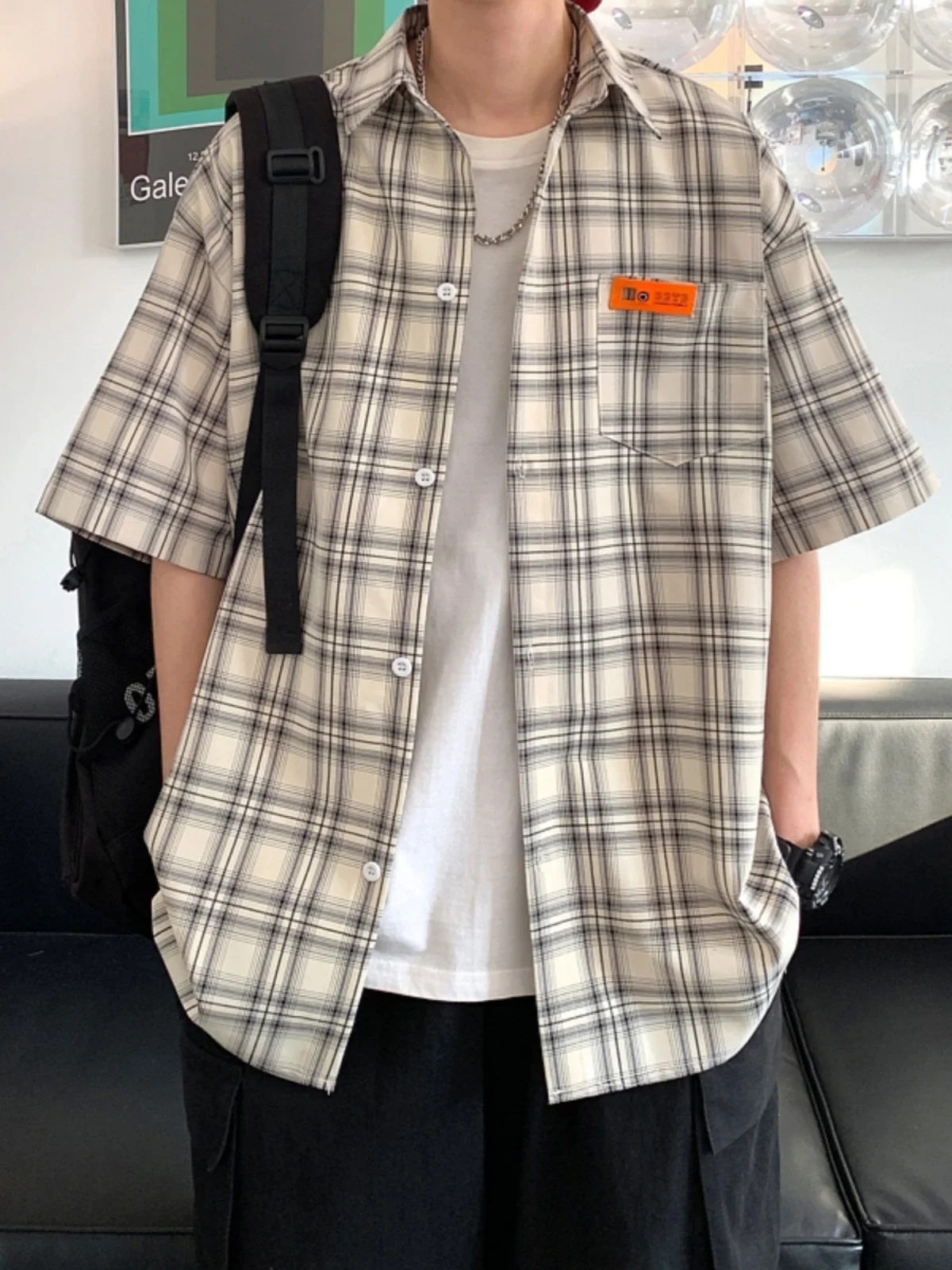 

Мужская летняя рубашка свободного кроя в клетку с коротким рукавом, дышащая, универсальная, в корейском стиле, на пуговицах, из хлопка, молодежная, для путешествий, художественная, стильная