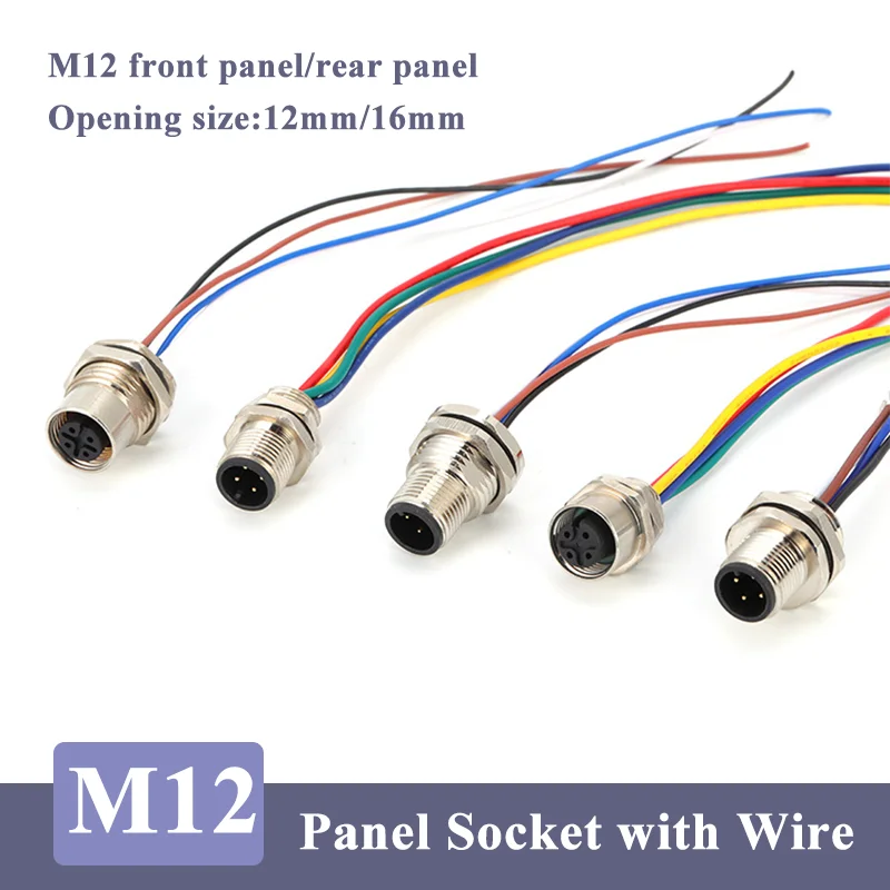 M12 Waterproof 4 5 8 12 Pin Cable Connector IP68 Male Female Aviation Socket with 20CM Wire Open 12mm/16mm Panel Mount Sockets