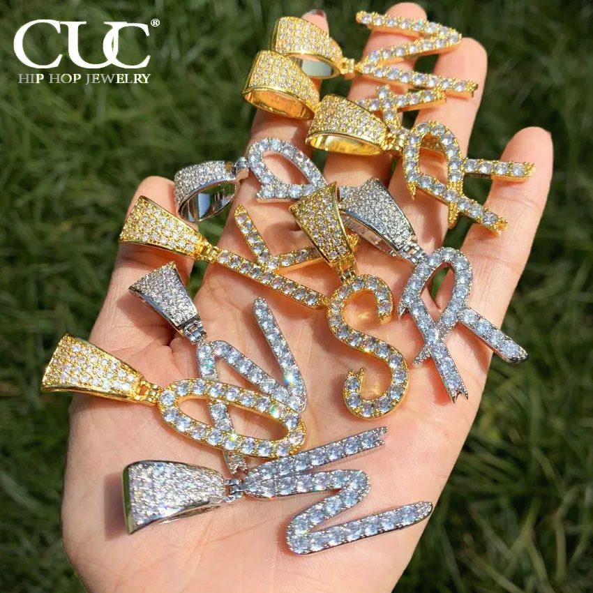 CUC Initial Cursive Letter Pendant Iced Out Cubic Zirconia Chain Men Women Hip Hop Necklace Fashion Luxulry Jewelry A-Z