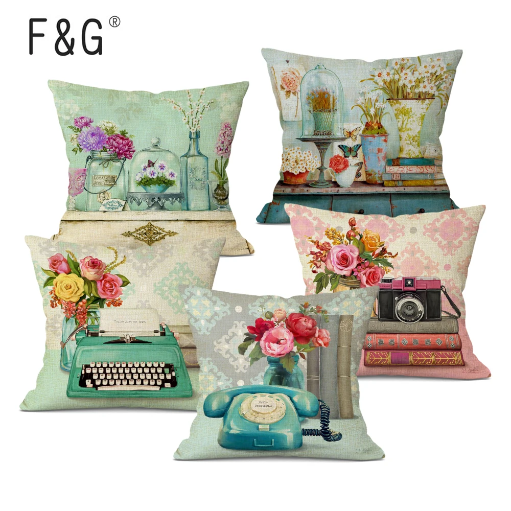 

Vintage Flowers Cushions Cover Peach Blossom Home Decor Linen Pillow Cover Decorative Pink Blue Throw Pillows Pillowcase