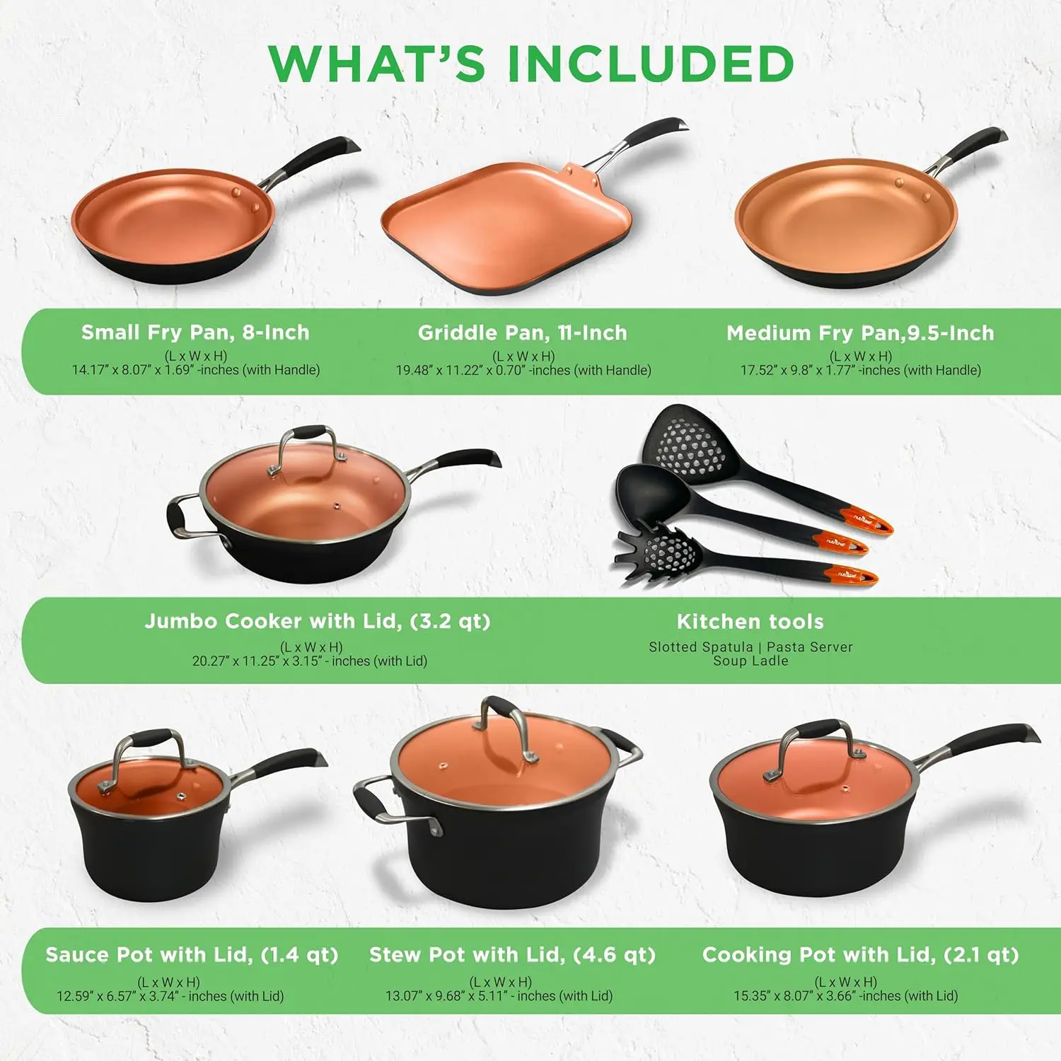 Nutrichef 14-Piece Nonstick Kitchen Cookware Set – Pfoa/Pfos-Free, Copper/Hard-Anodized, Induction Compatible, Stackable,