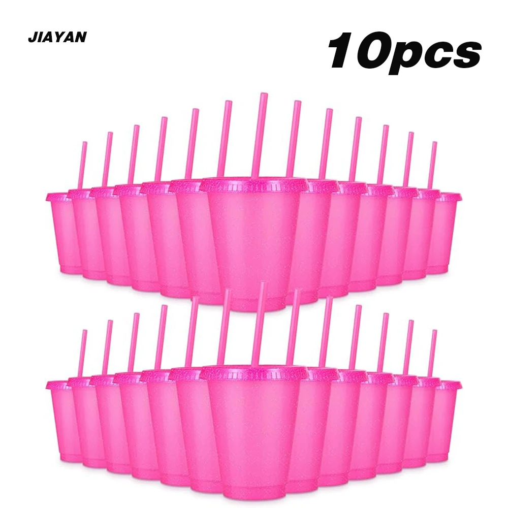 

10-Piece Set of Reusable Kids Cups with Straws and Lids 16 Ounces Sparkling Rose Red Kids Travel Cups Plastic Party Cups with Li