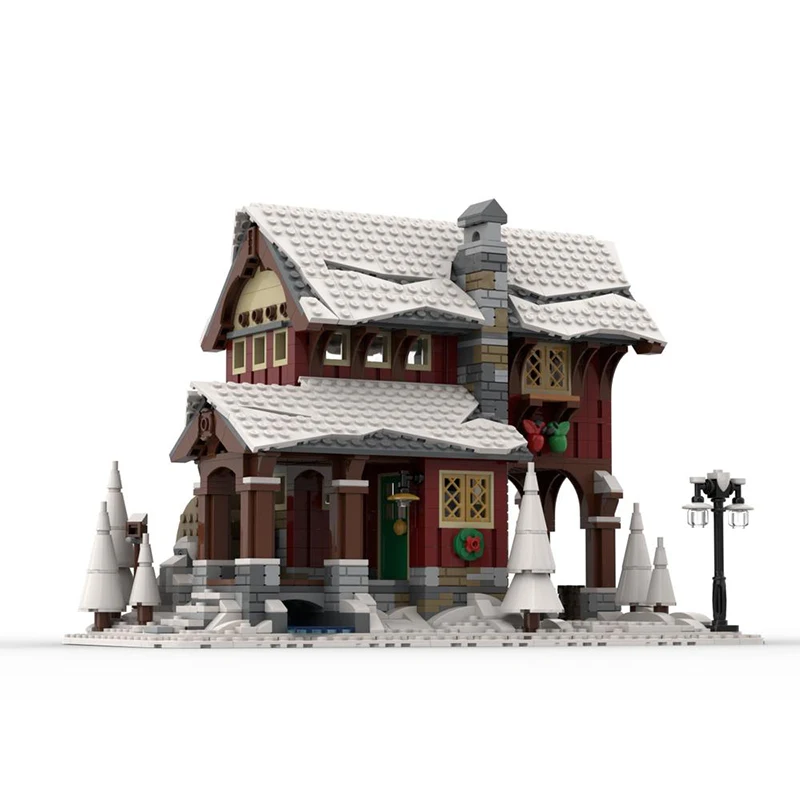 Small grain MOC building street view Winter scene Winter village Apple distillery assembled toy model Children's Christmas gift