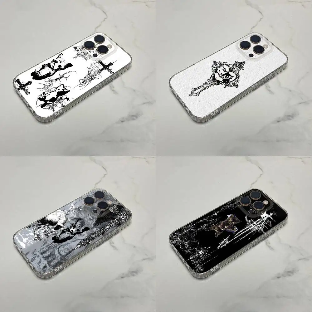 

Gothic Coquette Cyber Sigilism Cross Cat Phone Case For iPhone 17,16,15,14,13,12,11 Plus,Pro,Max,Plus,E,SE4,Mini Transparent Box