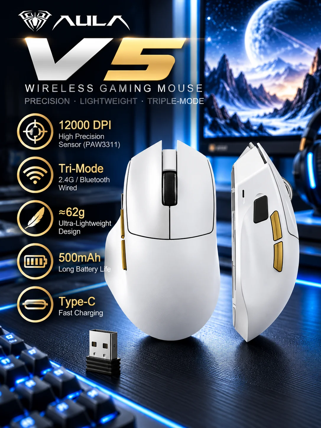 AULA V5 Wireless Gaming Mouse PAW3311 12000DPI Tri Mode 2.4G Bluetooth USB-C 1000Hz 62g Ergonomic Mouse