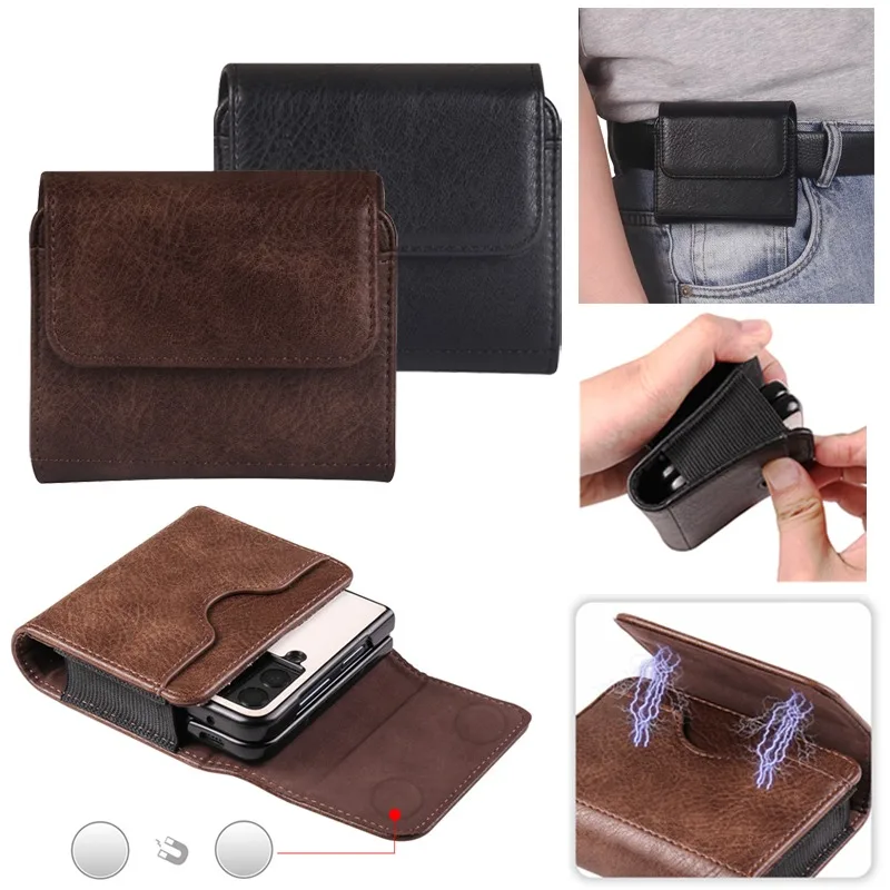 Capa Universal para Celular com Clipe de Cinto para Samsung Galaxy Z Flip 8 7 MOTO Razr 60Ultra Pura X, com Slot para Cartão, Carteira de Couro, Estojo de Cintura.